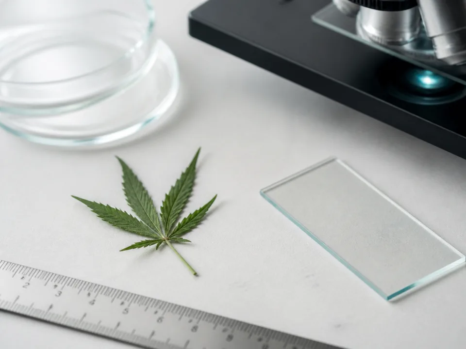 Cannabisblatt als botanisches Exponat in einer sachlichen Forschungsumgebung [Bildinhalt mit KI erstellt]