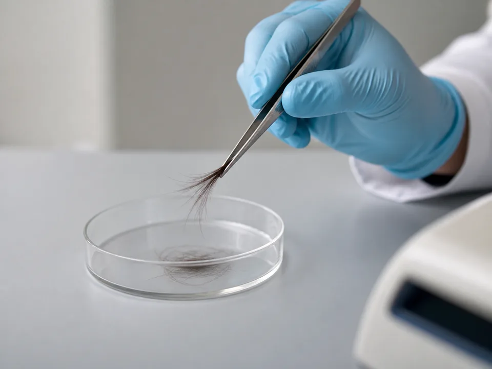 Sorgfältige Vorbereitung einer Haarprobe zur Analyse [Bildinhalt mit KI erstellt]